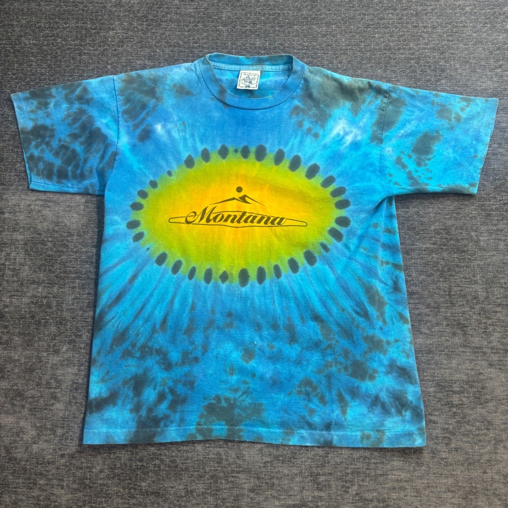 Vintage Alore Montana Tie Dye T Shirt Mens Large Blue Single Stitch Made in USA
